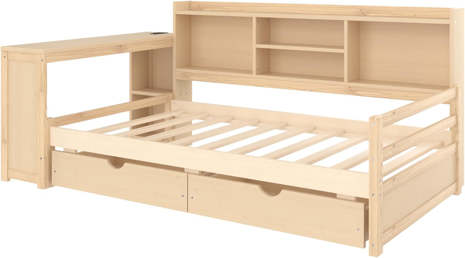 Bellemave Twin Corner Bed Frame with Desk and Storage Shelves,Charging Port, Wood Twin Size Daybed with Bookcase and Drawers, Natural Color