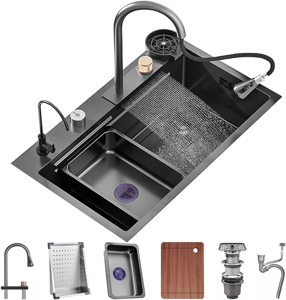 Single Bowl Waterfall Sink Stainless Steel Kitchen Sink Nano Coated Workstation Sink with Pull-Out Faucet and Cup Washer Full Set of Accessories (Color : Black, Size : 68x45x22cm) (Black 68x45x22