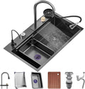 Single Bowl Waterfall Sink Stainless Steel Kitchen Sink Nano Coated Workstation Sink with Pull-Out Faucet and Cup Washer Full Set of Accessories (Color : Black, Size : 68x45x22cm) (Black 68x45x22