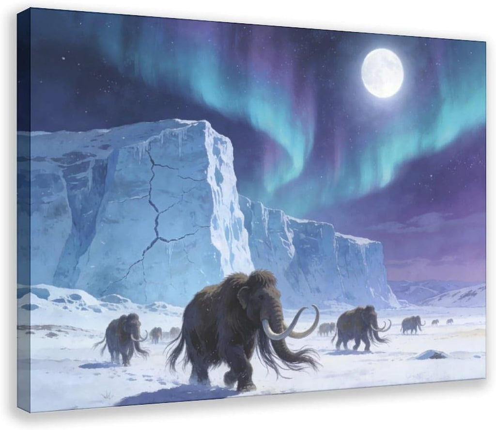Aurora Mammoth Wall Art Print, Ice Age Prehistoric Scene Under Northern Lights And Full Moon, Fantasy Winter Poster 24x36inch(60x90cm)
