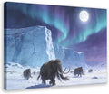 Aurora Mammoth Wall Art Print, Ice Age Prehistoric Scene Under Northern Lights And Full Moon, Fantasy Winter Poster 24x36inch(60x90cm)