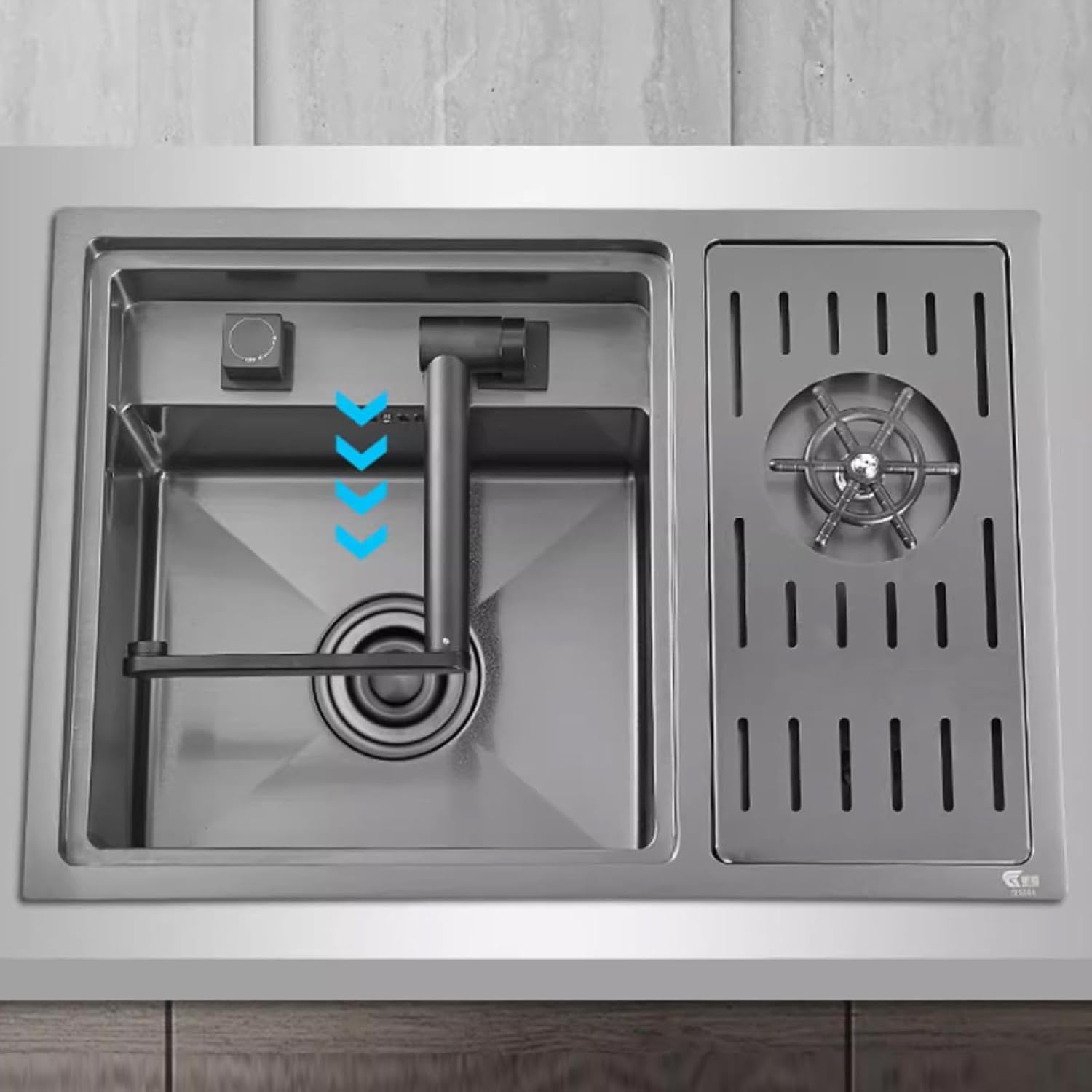 Black Hidden Sink with Lid Bar Sink with Cup Washer Kitchen Single Bowl Sink 304 Stainless Steel Sink Foldable Faucet (