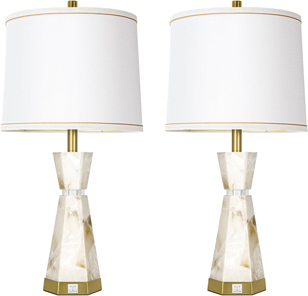 Natural Alabaster Table Lamp,Living Room Lamps Set of 2,Nightstand Lamp with Night Light,Lamps for Living Room With Linen Fabric Shade,Bedside Lamp with Usb A+C Ports for Bedroom,Hotel(Bulb Included)