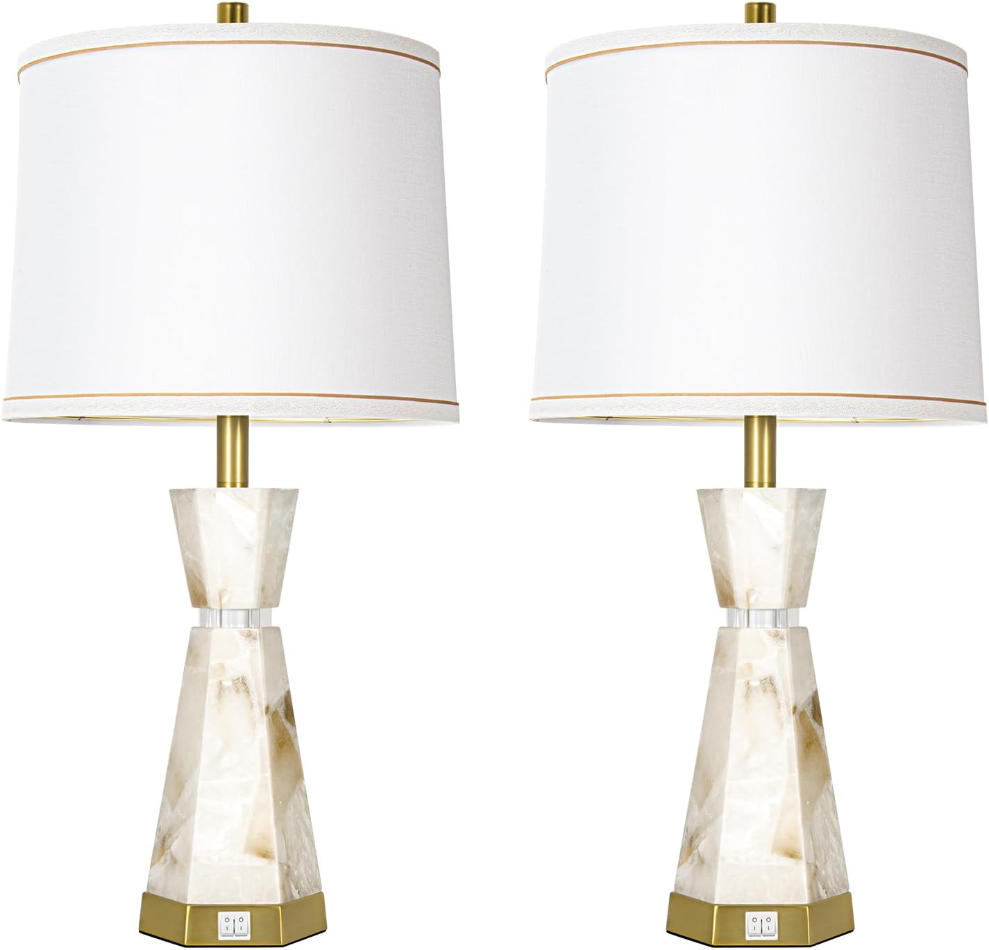 Natural Alabaster Table Lamp,Living Room Lamps Set of 2,Nightstand Lamp with Night Light,Lamps for Living Room With Linen Fabric Shade,Bedside Lamp with Usb A+C Ports for Bedroom,Hotel(Bulb Included)