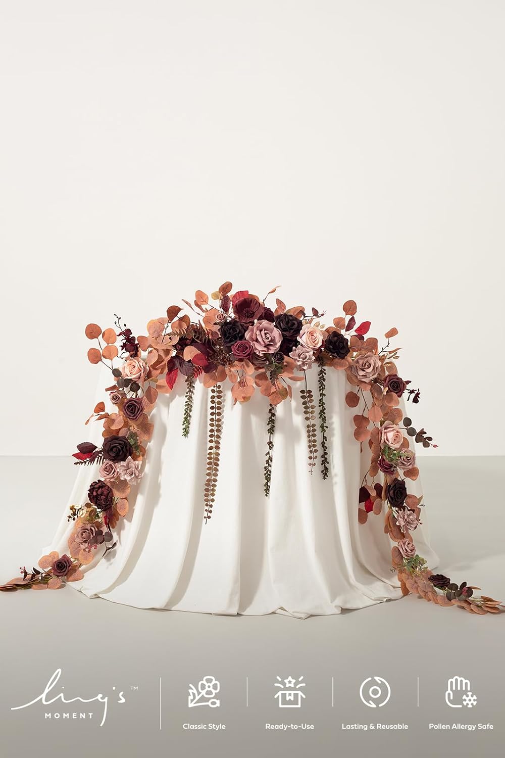 Ling's moment 9FT Eucalyptus and Willow Leaf Garland with White Flower, Handcrafted Wedding Sweetheart Table Centerpieces Head Table Decor Arch Backdrop Decorations for Wedding | Burgundy & Dusty rose