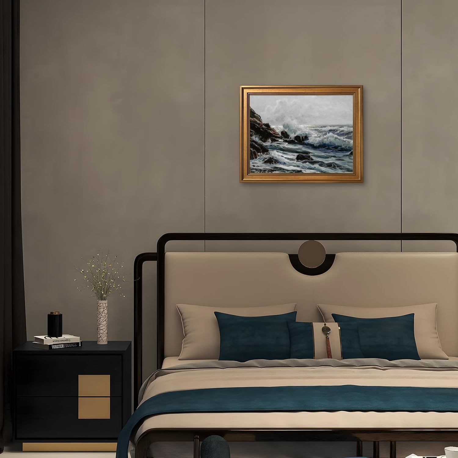 Moody Wave-Crashed Rocks Wall Art Vintage Minimalist Stormy Seascape Canvas Print Impressionist Classic Nautical Poster for Bedroom Living Room Maritime Artwork Home Wall DecorGolden frame24X36inch