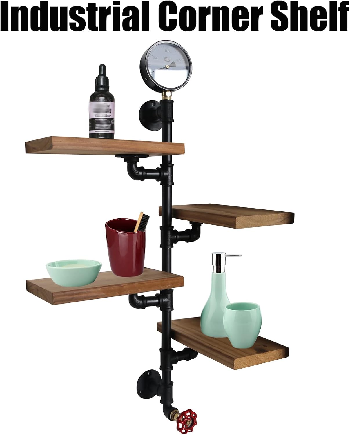 Black, Industrial Pipe Shelf Bracket, 4 Tiers Retro Wall Mounted Floating Shelf, Corner Floating Shelves Wall Mounted, Retro Rustic Industrial Shelf for Bar Kitchen Living Room