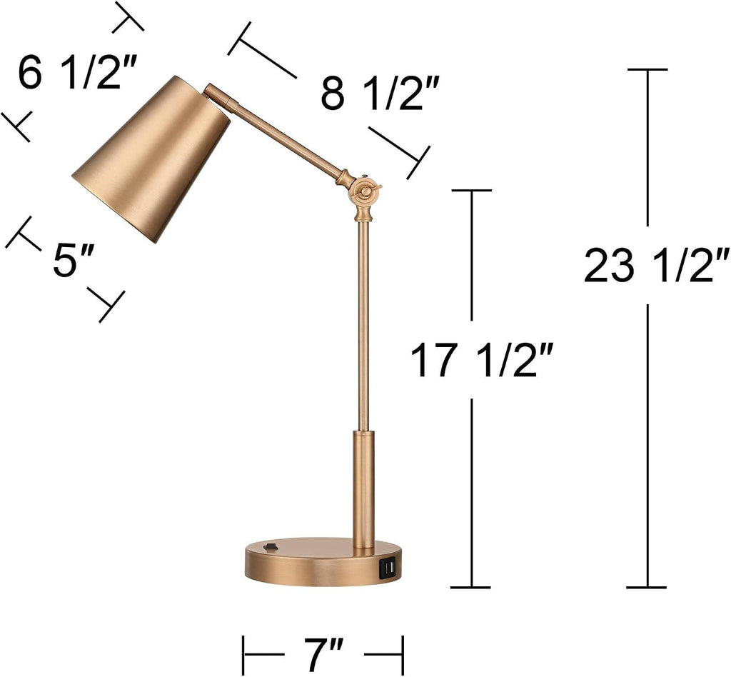 360 Lighting Sully Mid Century Modern Industrial Desk Table Lamp with USB and AC Power Outlet 23.5' High Antique Brass for Living Room Bedroom House Bedside Nightstand Home Office Reading