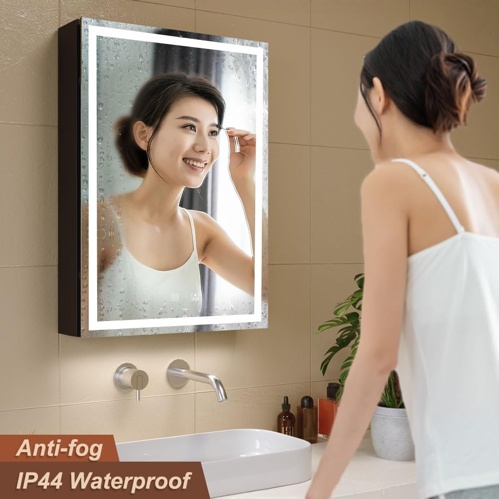 KWW LED Lighted Bathroom Medicine Cabinet with Backlit Panel, Sockets & USBs. Anti-Fog, Dimmable, 3 Color Light Makeup Mirror, Easy to Install, Wall Mounted (Inner Glow-Left hinge-20 * 28)