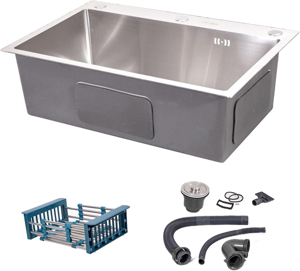 JATIBOSH Silver Kitchen Sink Drop in 3 Hole Workstation Stainless Steel Sink, Nano Coating, Single Bowl Sink with Drain Assembly Set (Color : Silver, Size : 60 * 45cm)
