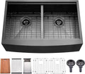 33 Inch Black Double Bowl Farmhouse Sink Workstation-Bokaiya 33x22 Farm Sink Black Stainless Steel 50/50 Double Bowl Apron Front 16 Gauge Low Divided Deep Farm House Style Sink