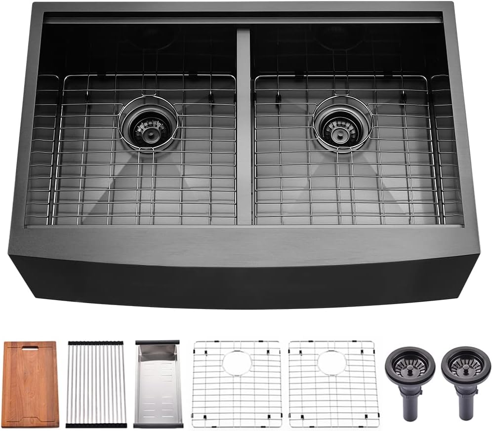 33 Inch Black Double Bowl Farmhouse Sink Workstation-Bokaiya 33x22 Farm Sink Black Stainless Steel 50/50 Double Bowl Apron Front 16 Gauge Low Divided Deep Farm House Style Sink