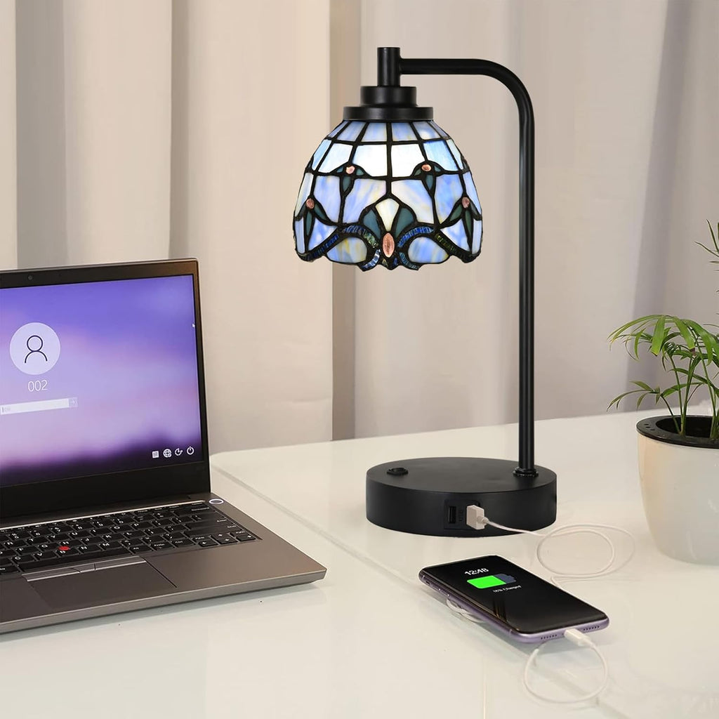 TL0016 Tiffany Style Stained Glass Table Lamp with USB Charging Ports, Desk Lamp with Blue Baroque Lamp Shade, Retro Nightstand H 14.5' for Bedroom Office, LED Bulb Included (Blue)