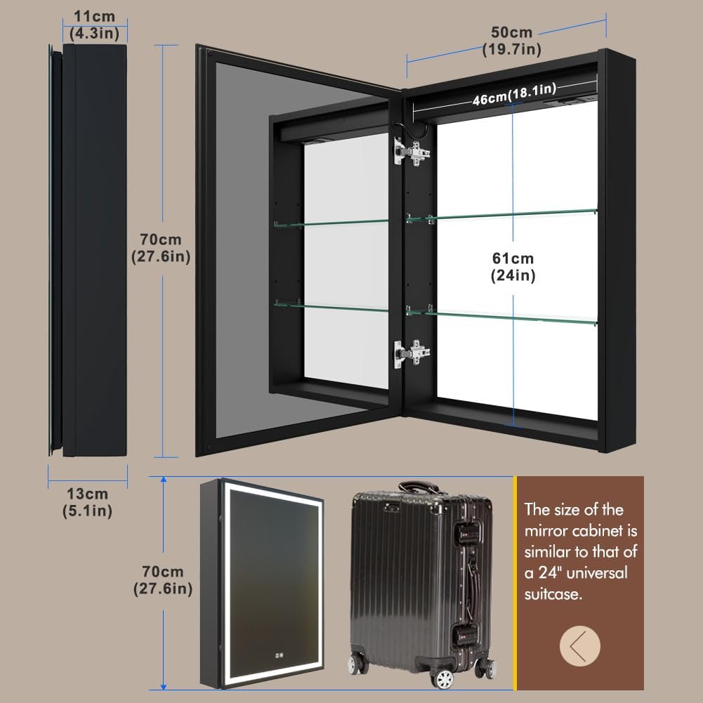 KWW LED Lighted Bathroom Medicine Cabinet with Backlit Panel, Sockets & USBs. Anti-Fog, Dimmable, 3 Color Light Makeup Mirror, Easy to Install, Wall Mounted (Inner Glow-Left hinge-20 * 28)