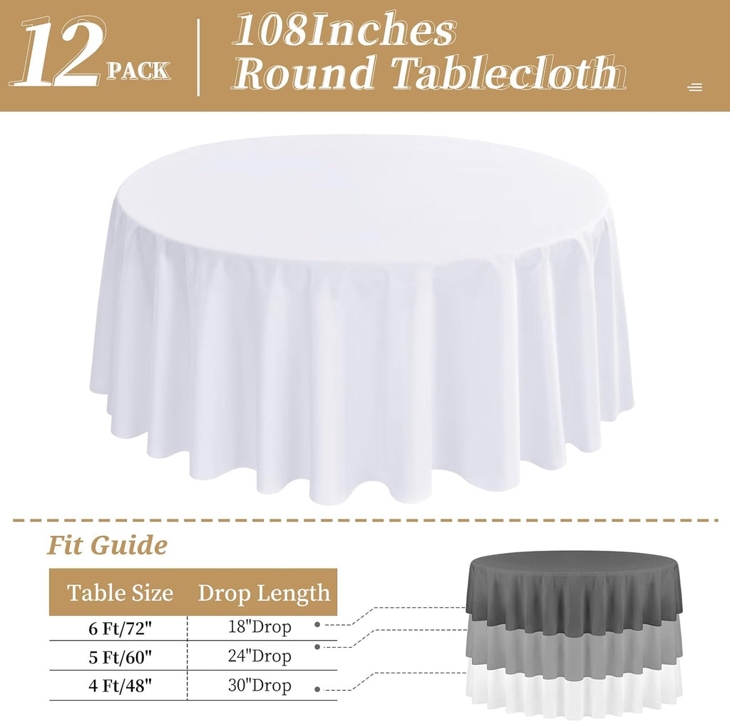 12 Pack 108 Inch White Polyester Round Tablecloths - Premium Stain & Wrinkle Resistant, Ideal for Weddings, Banquets, Parties