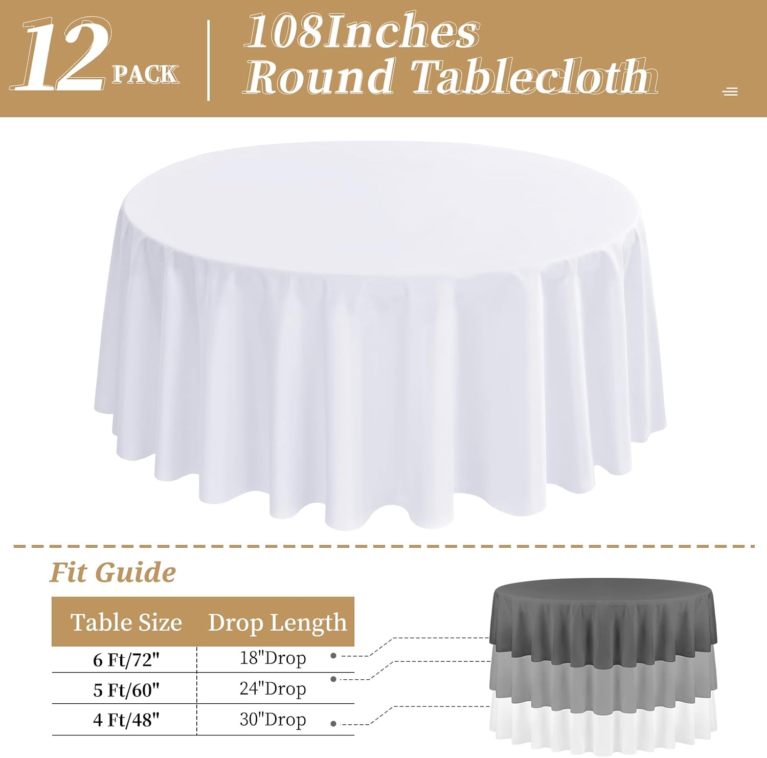 12 Pack 108 Inch White Polyester Round Tablecloths - Premium Stain & Wrinkle Resistant, Ideal for Weddings, Banquets, Parties