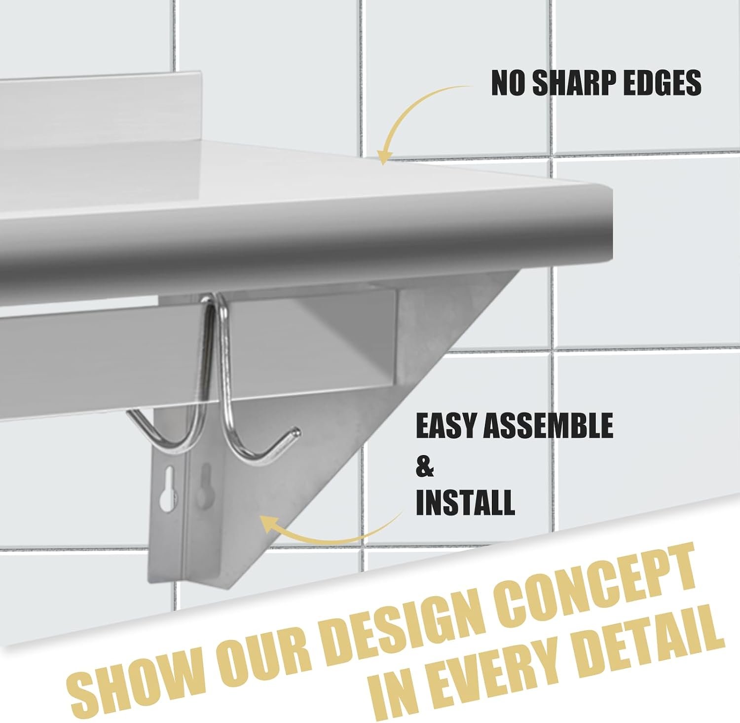 Hally Stainless Steel Shelf with 9 Hooks 12' x 60' Wall Mounted Pot Rack 315lb, NSF Commercial Floating Shelving for Storage Hanging Pots, Pans, cookware in Restaurant, Kitchen, Home and Hotel