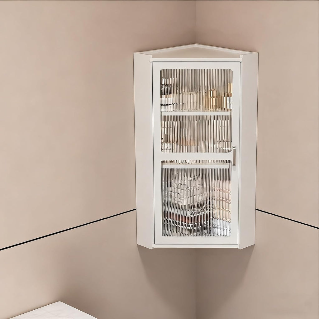3-Tier Wall Mounted Corner Glass Door Storage Cabinet Bathroom and Kitchen with Door Cabinet Storage Narrow for Bedroom, Living Room, Bathroom, Kitchen(White,30*30*70cm/11.8*11.8*27.6in)