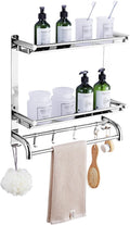 TOMYEUS Shower Caddy Bathroom Shelf 2 Tier Bathroom Shelf Wall Mounted with Towel Bar and 6 Hooks，Floating Shelves Wall Mounted，20Inch 304 Stainless Steel Shower Organizer