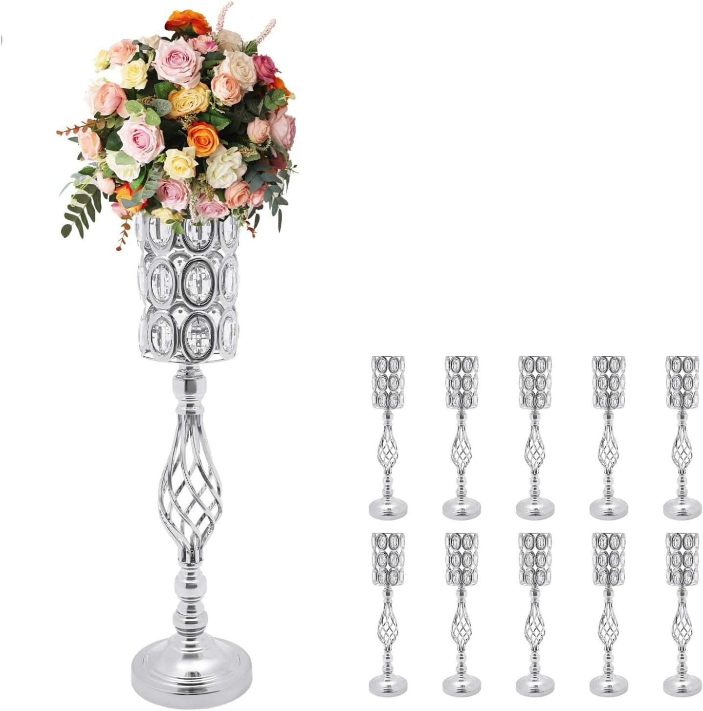 10PCS Wedding Flower Centerpieces for Tables, 61cm/24 Tall Crystal Wedding Decor Flower Stand Floral Display Rack Vases for Tables Wedding Dinner Party, Ceremony Birthday Event Decor (Silver)