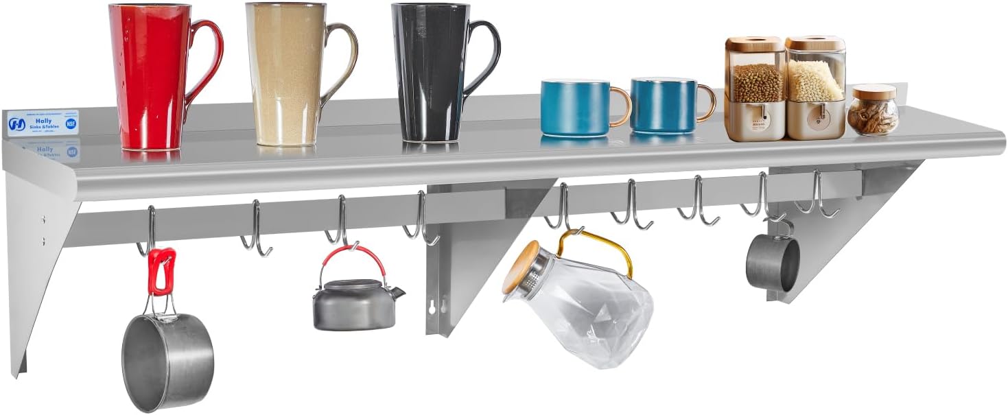 Hally Stainless Steel Shelf with 9 Hooks 18' x 60' Wall Mounted Pot Rack 450lb, NSF Commercial Floating Shelving for Storage Hanging Pots, Pans, cookware in Restaurant, Kitchen, Home and Hotel
