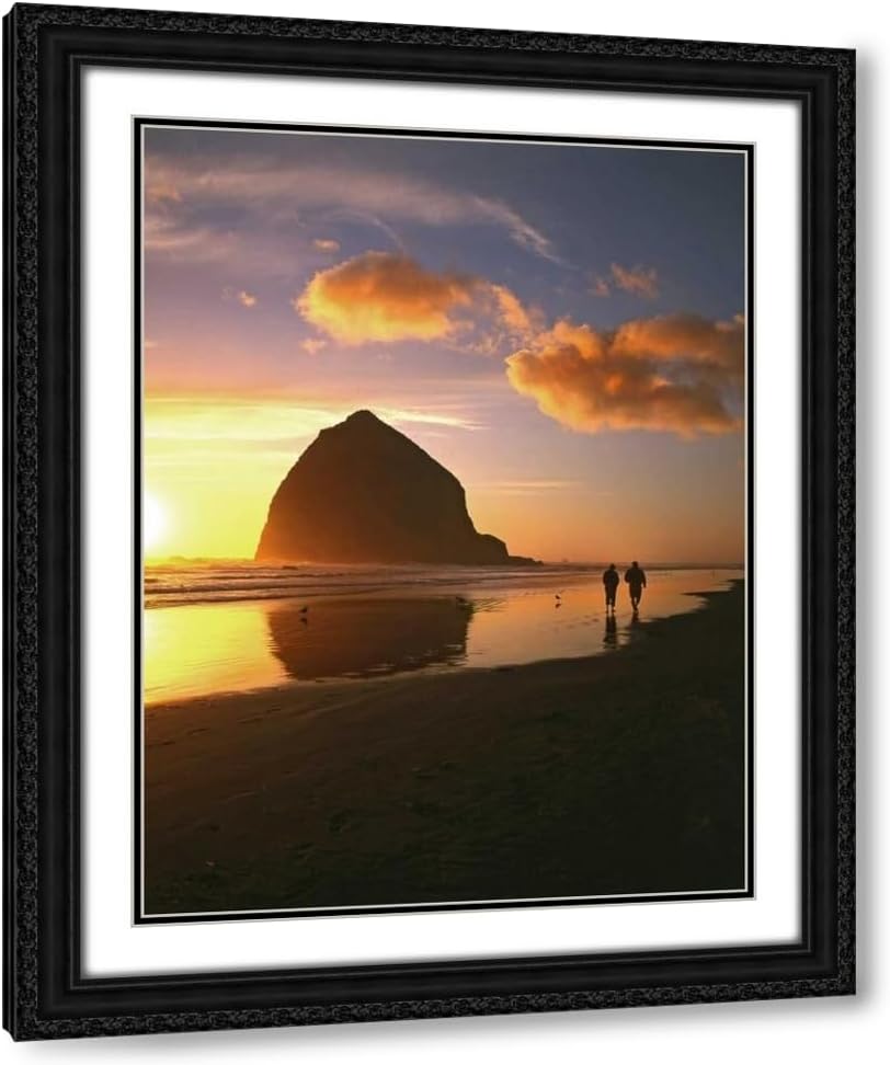 ArtDirect OR, Cannon Beach Couple by Haystack Rock, sunset 19x24 Black Ornate Wood Framed with Double Matting Museum Art Print by Terrill, Steve