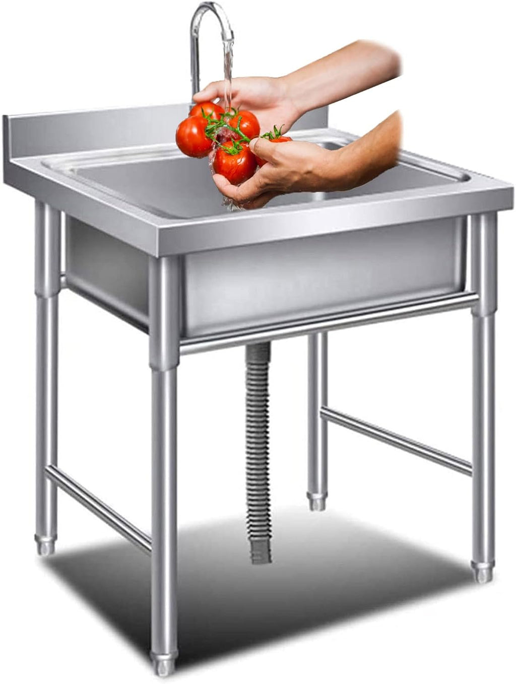 1 Compartment Single Bowl Sink Stainless Steel Commercial Kitchen Prep Utility Sink with Faucet and Backsplash, Fit for Restaurant Kitchen