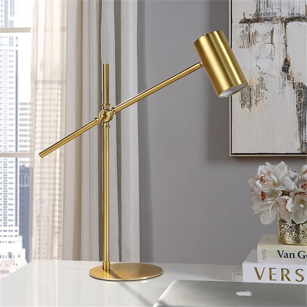 BOWERY HILL 1-Light Coastal Metal Desk Lamp, Cylinder Shade, Brushed Gold Finish, Adjustable Arm, Contemporary Transitional Style, 24.5' H x 25.75' W x 7.5' D, Functional Lighting for Home Office or