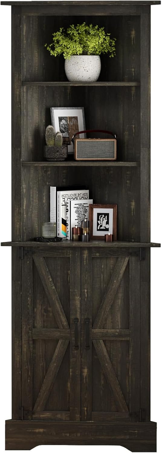 4 EVER WINNER Farmhouse Corner Cabinet, 68' Tall Corner Cabinet with 5-Tier Adjustable Shelves and Barn Doors for Small Spaces, Living Room, Dining Room, Hallway, Bathroom, Kitchen, Rustic Oak