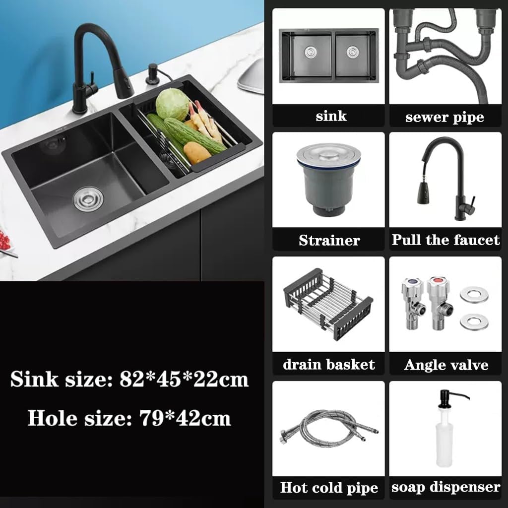 Kitchen Sinks, Single Bowl Embedded Siphon Sink Stainless Steel Kitchen Sink Large Capacity Double Bowl Sink Multifunctional Vegetable Sink (82 * 45 * 22Cm
