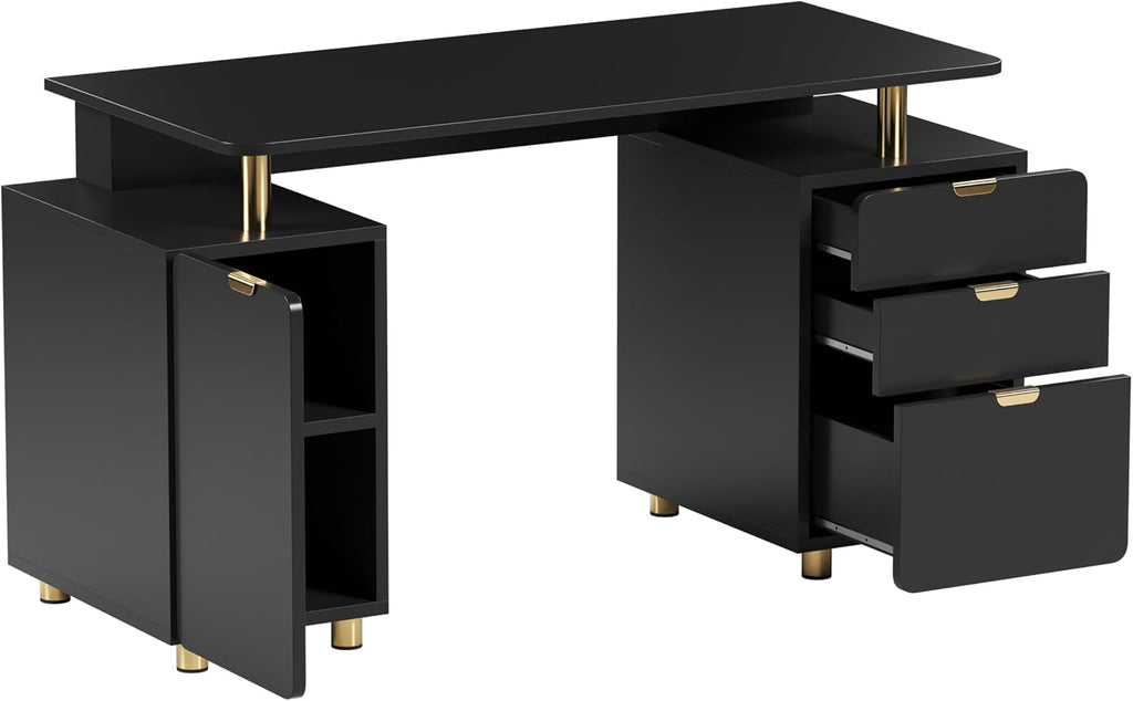 Elegant 57' W Executive Desk with 3 Drawers and Storage Cabinet, Modern Office Desk with Gold Accents, Floating Work Surface, Closed Storage with Ventilation & Adjustable Shelf (Black,Gold)