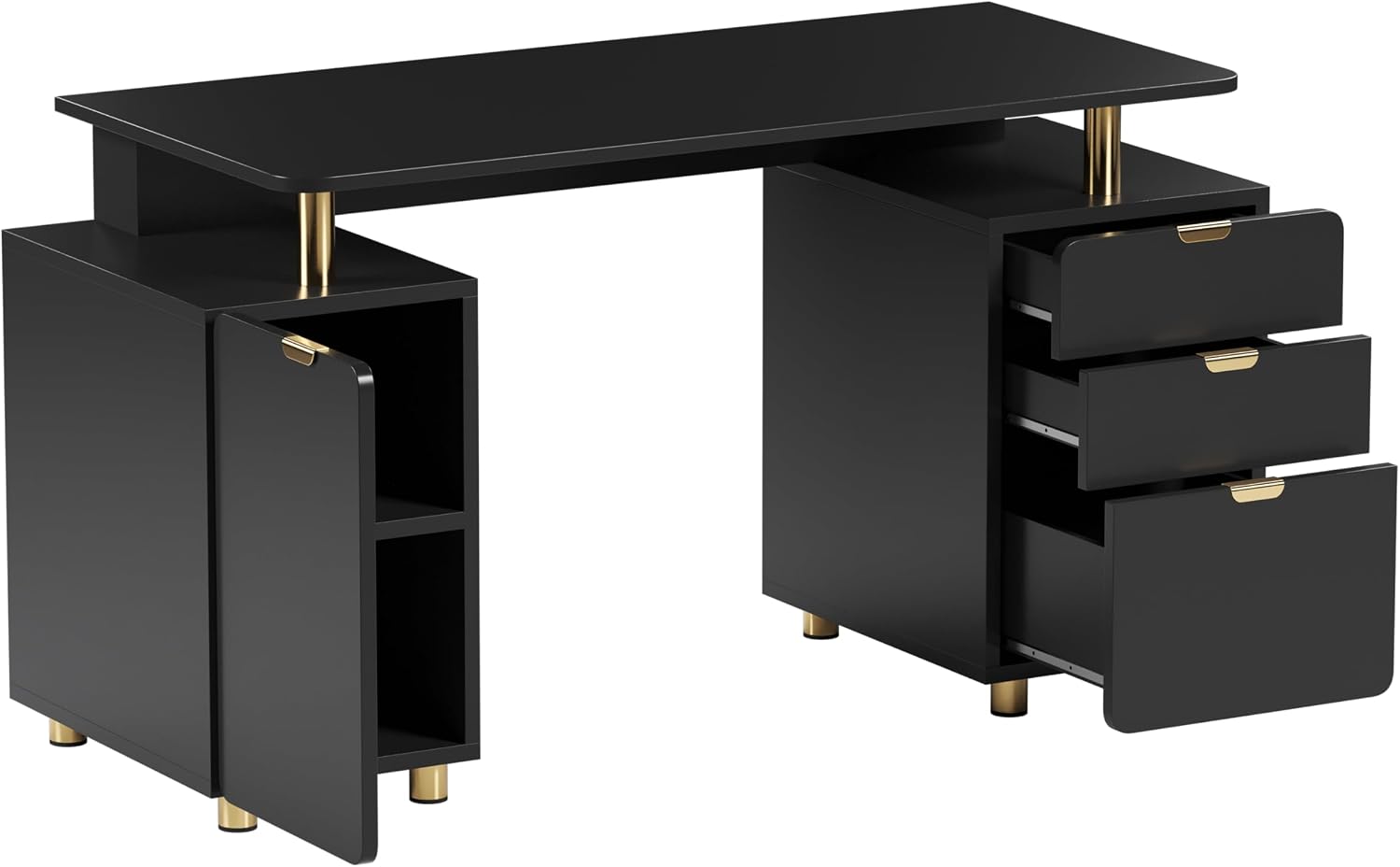 Elegant 57' W Executive Desk with 3 Drawers and Storage Cabinet, Modern Office Desk with Gold Accents, Floating Work Surface, Closed Storage with Ventilation & Adjustable Shelf (Black,Gold)