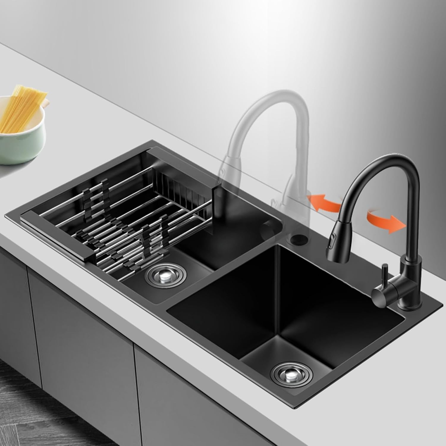 Black Kitchen Sink, Stainless Steel Single Bowl Sink, Drop in/Topmount Workstation Sink with Sliding Accessories, Farmhouse Workstation Sink with Accessories 65x45cm