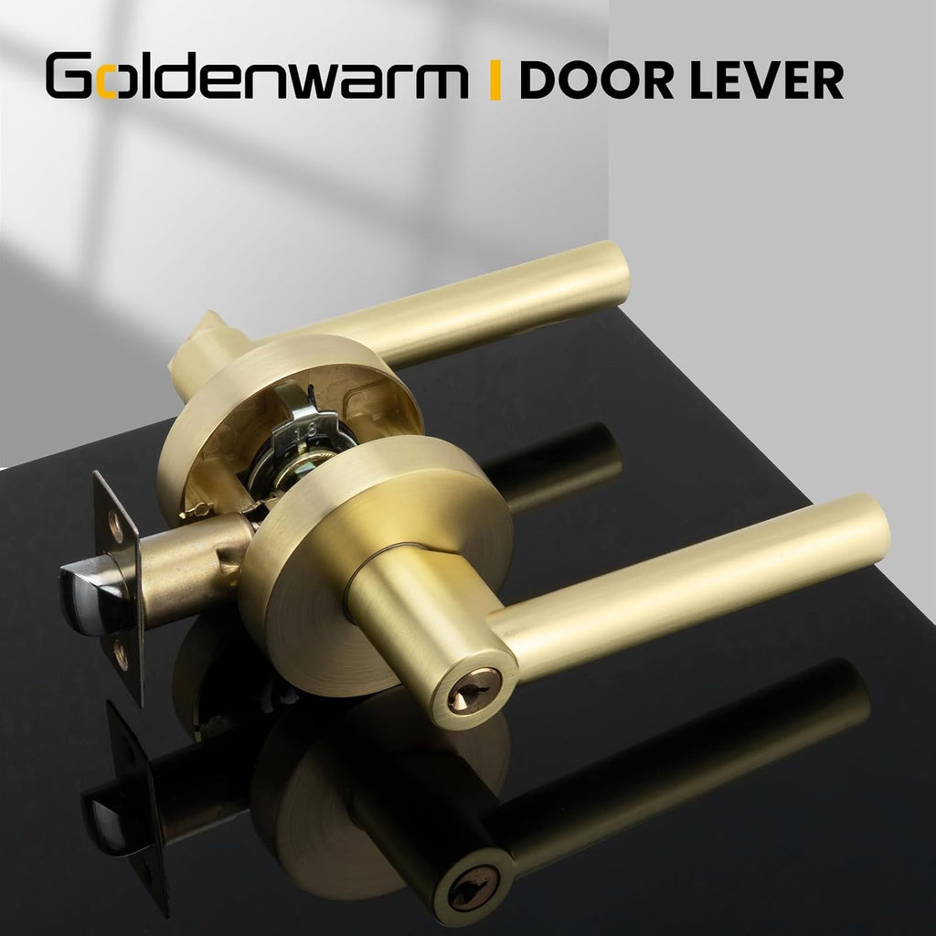 Goldenwarm Exterior Deadbolt and Keyed Entry Door Handle Set, Heavy Duty Zinc Alloy Gold Door Lever, Key Entry Front Brushed Gold Door Handle with Lock and Key(3 Pack)