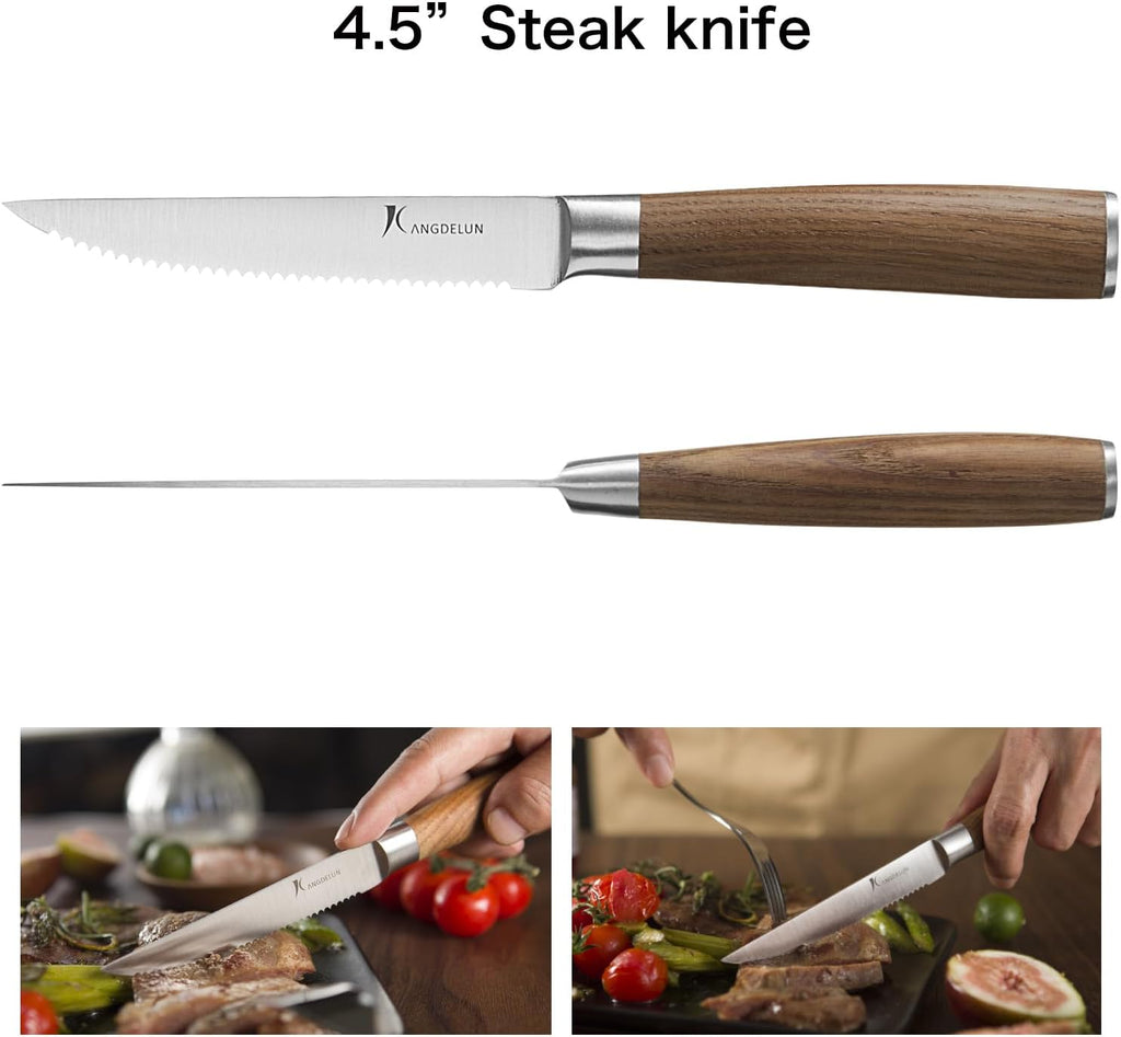 Kangdelun Ultra Sharp 15-Piece Knife Set, 50Cr15MoV High-Carbon Stainless Steel, Torrefied Brown Ash Wood Handles, Angled Dark Brown Wood Block, Easy Hand Wash, Gift Box