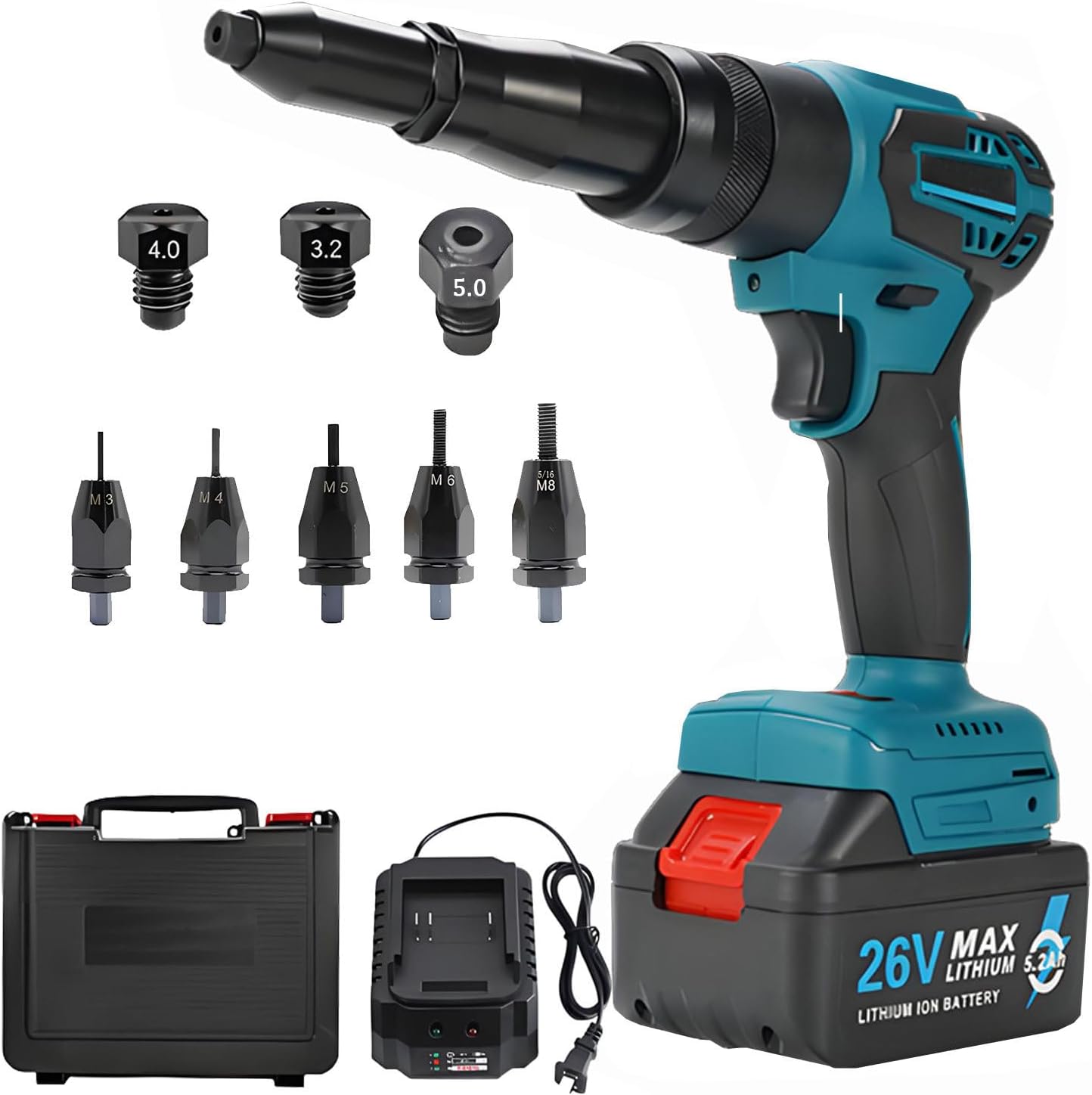26V Brushless Cordless Rivet Gun, Electric Blind Riveter Tool Kit - Battery Powered Pop Rivet Gun, 3.2/4.0/5.0mm Rivet Fit, Quiet No-Carbon-Brush Design for Daily & Professional Use dual-useversion