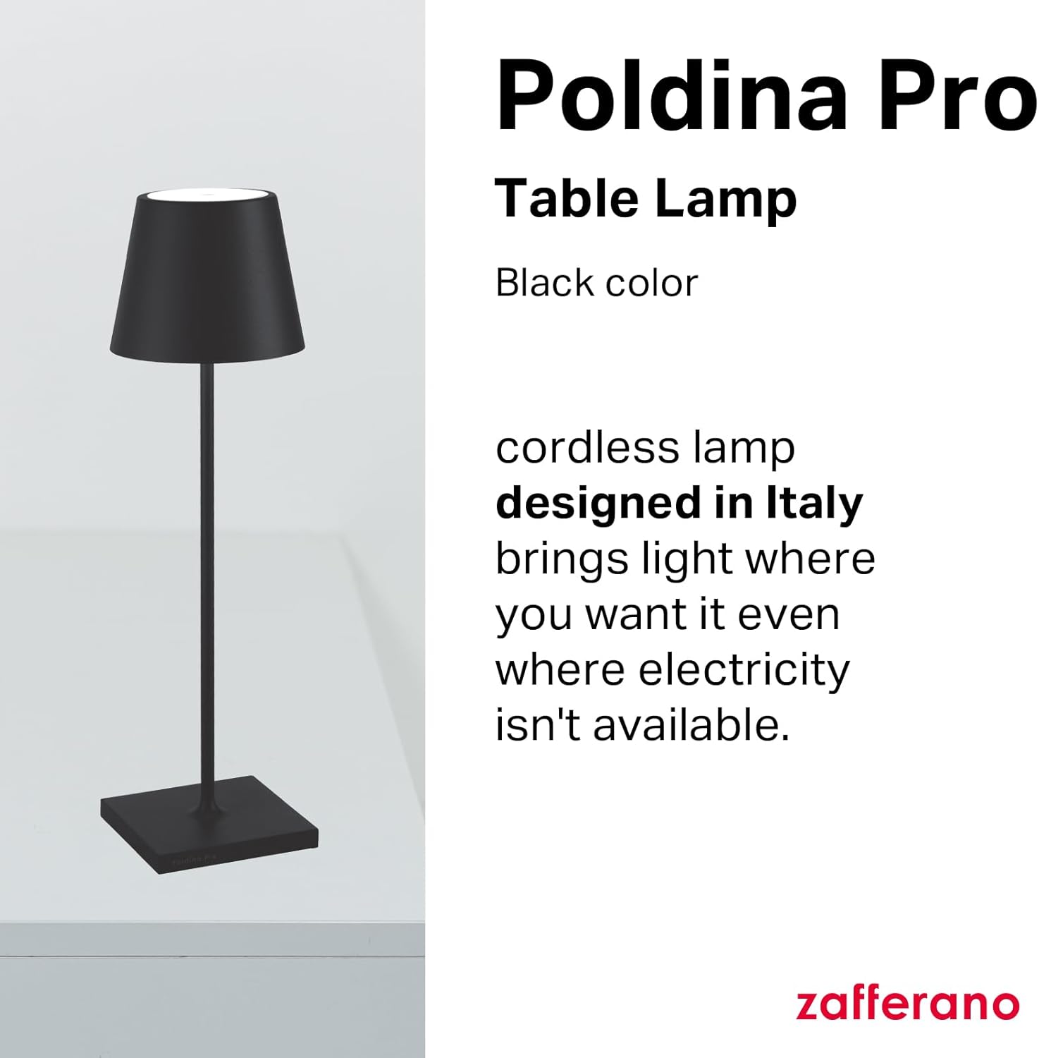 Zafferano, Poldina Pro Lamp, Rechargeable Cordless Table Lamp with Touch Controls, Suitable for Indoor and Outdoor, Dimmer, 2200-3000 K, Height 14.9 Inches, Black Color