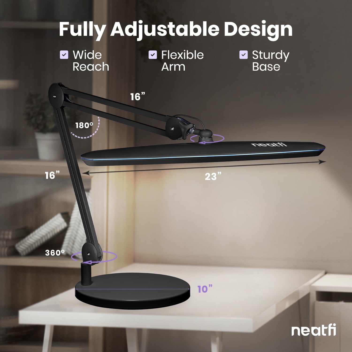 Neatfi XL 24W LED Desk Lamp – 2,200 Lumens | 23' Wide Shade | Dimmable Eye-Caring Task Light | Adjustable Arm | Office, Study, Crafting & Nail Techs (Black, Non-CCT with Base)