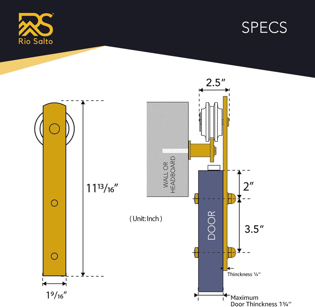 Rio Salto Gold Barn Door Hardware Kit Length 4ft 11in or 59' Sliding Door Hardware Modern Interior Gold Barn Brushed Brass Luxury Panel Hardware - 4ft 11in - NO Door
