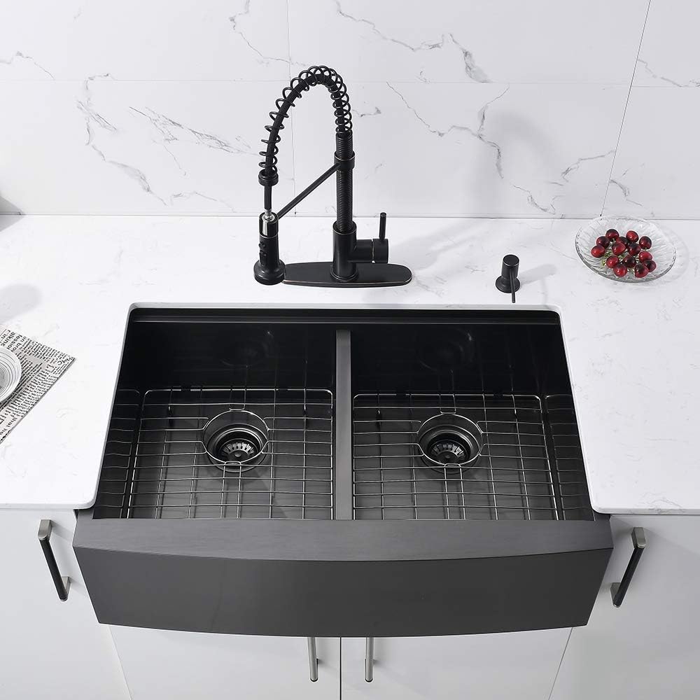 33 Inch Black Double Bowl Farmhouse Sink Workstation-Bokaiya 33x22 Farm Sink Black Stainless Steel 50/50 Double Bowl Apron Front 16 Gauge Low Divided Deep Farm House Style Sink