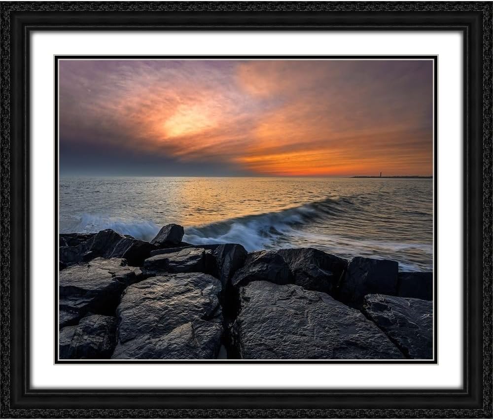 ArtDirect 18x15 Jaynes Gallery Black Ornate Framed and Double Matted Museum Art Print Titled New Jersey-Cape May National Seashore Sunset on ocean and rocks