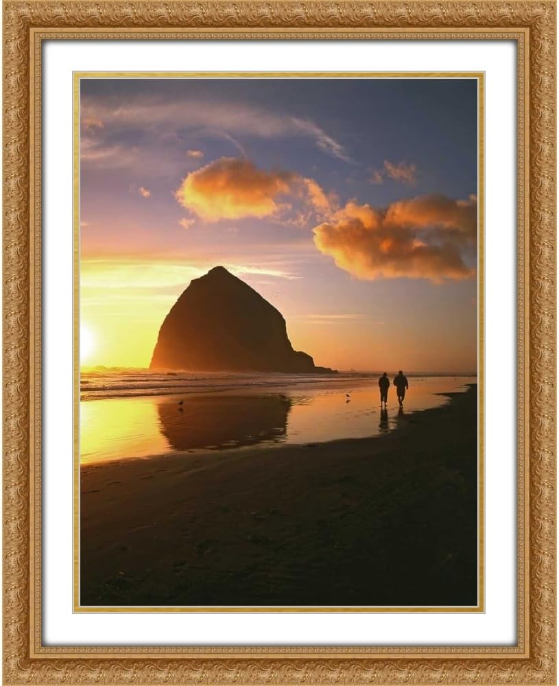 Terrill, Steve 20x24 Gold Ornate Frame and Double Matted Museum Art Print Titled OR, Cannon Beach Couple by Haystack Rock, sunset