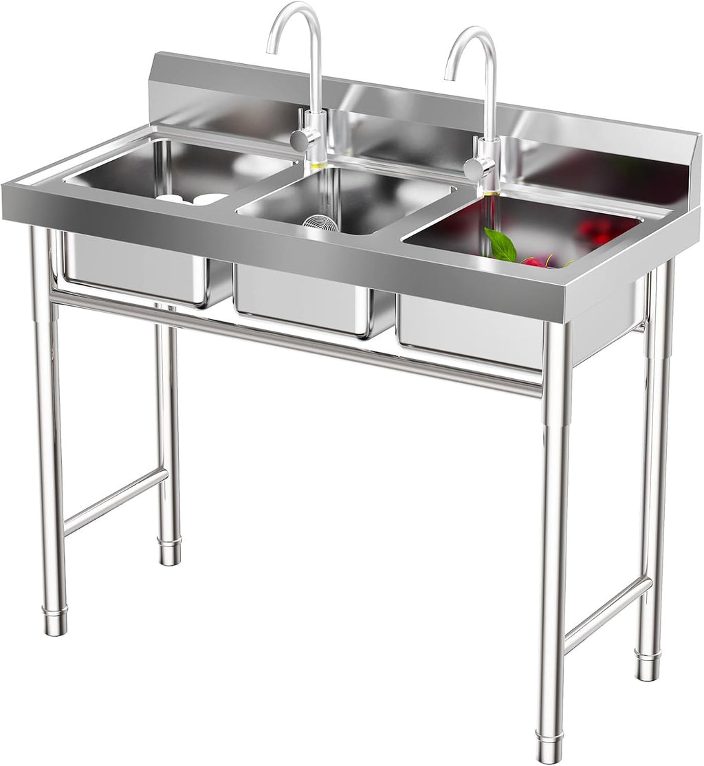 Kitchen Stainless Steel Utility Sink - Triple 3 * 7' x 11' x 9' Bowl - 3 Compartment Commercial Kitchen Sink w/Stable Leg Support - For Restaurant, Laundry, Garage & Backyard