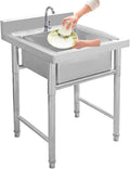 Commercial Kitchen Sink 304 Stainless Steel Free-Standing Utility Sink Set Single Bowl Sink for Garage, Restaurant, Bar, Laundry Room, Indoor Outdoor