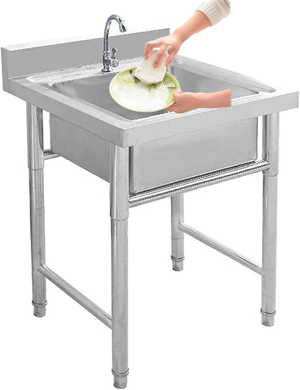 Commercial Kitchen Sink 304 Stainless Steel Free-Standing Utility Sink Set Single Bowl Sink for Garage, Restaurant, Bar, Laundry Room, Indoor Outdoor