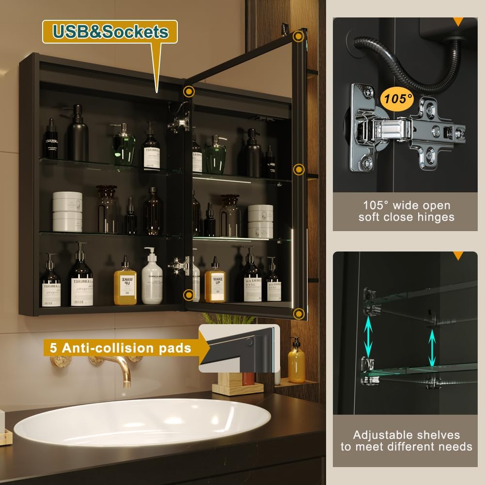 KWW LED Lighted Bathroom Medicine Cabinet with Sockets & USBs, Defogger, Dimmable, 3 Color Light Makeup Mirror, Easy to Install, Wall Mounted Cabinet (Right hinge-20 * 28)