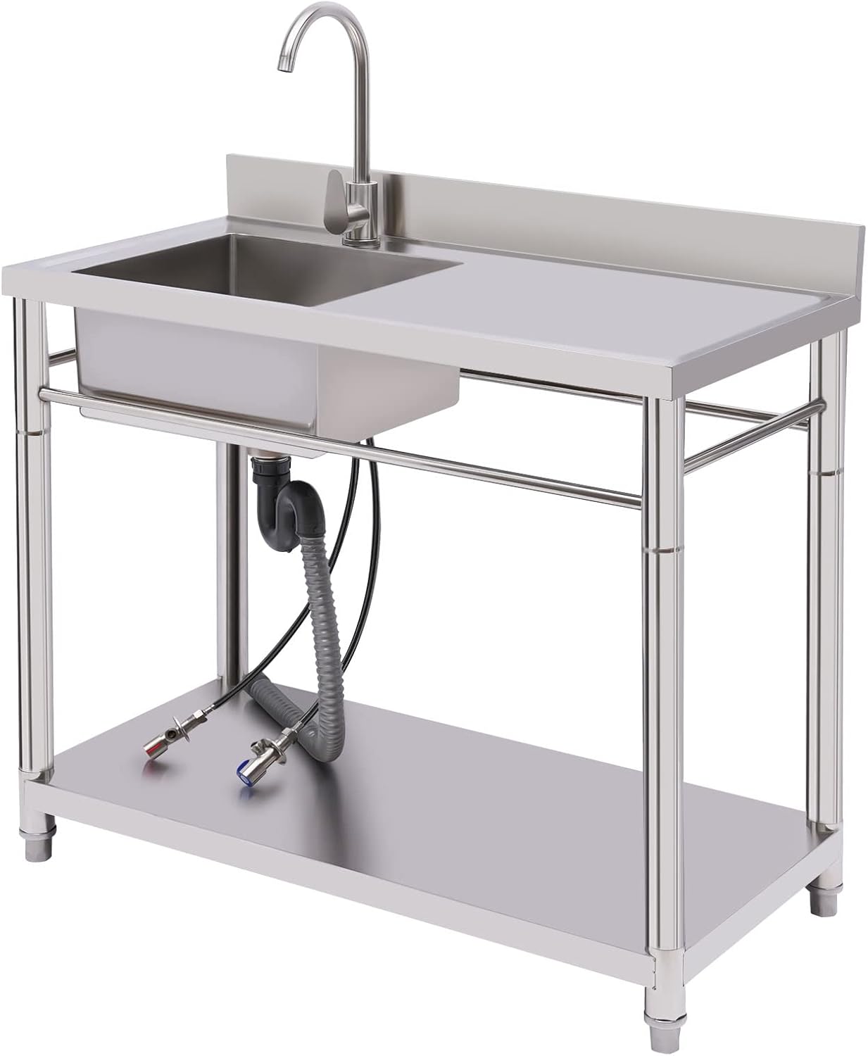 Stainless Steel Sink Single Bowl Commercial Utility Sink Free Standing Kitchen Sinks with Cold and Hot Water Faucets for Kitchens, Garage, Laundry Room (39.4'W x 19.7'Dx 31.5'H)