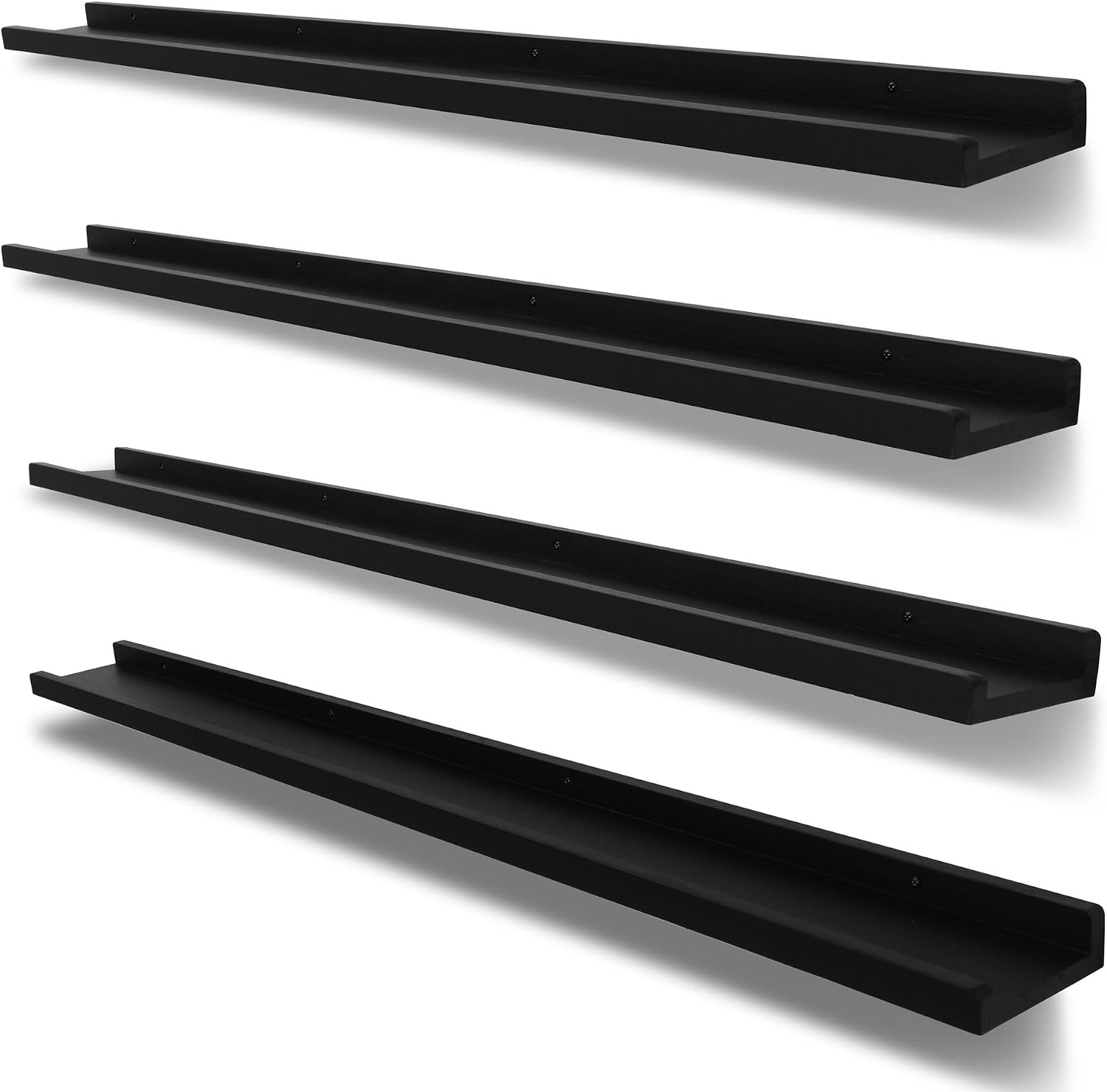 PHOENANCEE Long Floating Shelves for Wall 57 Inch,Real Wood Picture Ledge with Lip Set of 4,Photo Frame Storage Display for Living Room Nursery Bedroom Bathroom Kitchen Home Office Decor Rustic Black