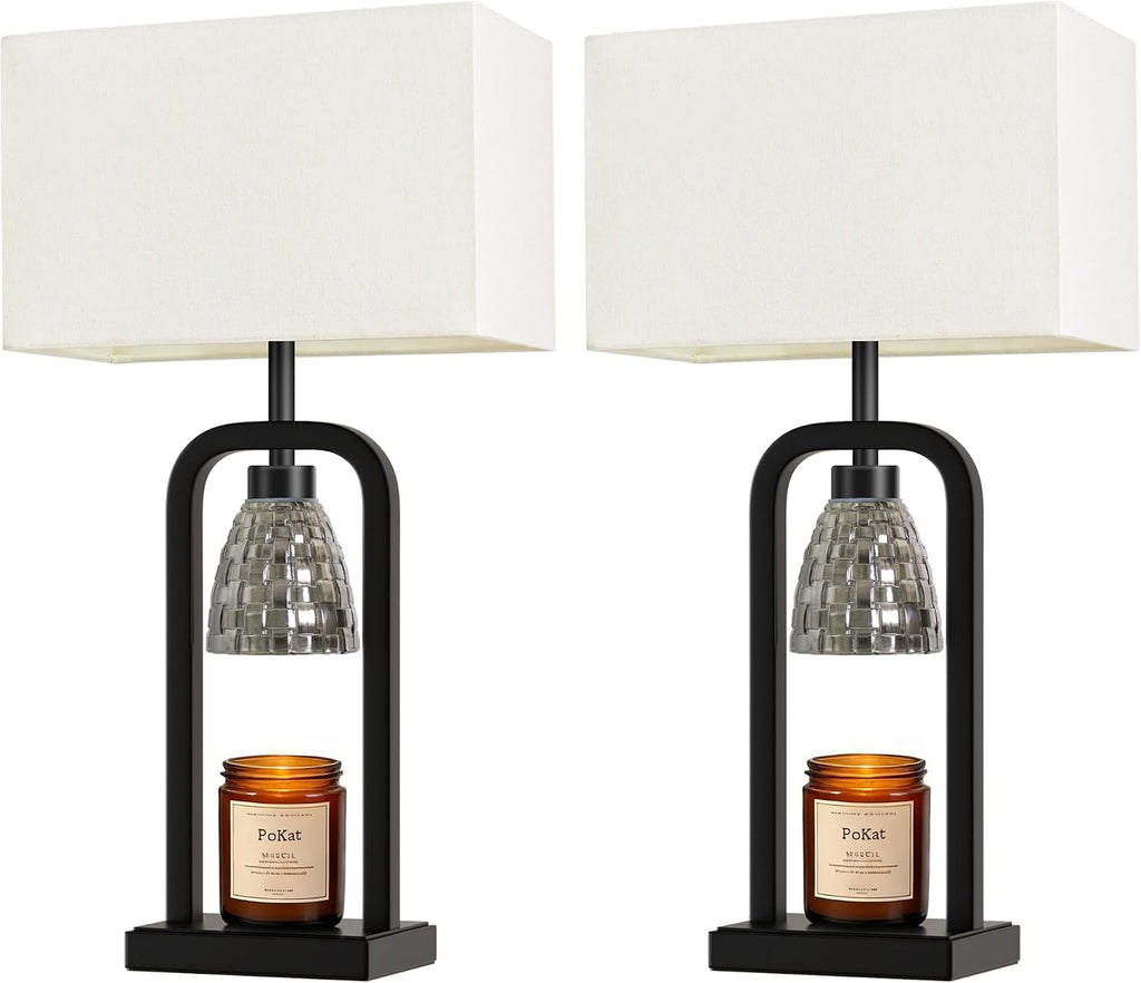 PoKat Bedside Table Lamps with Candle Warmer & Timer for Bedroom, Farmhouse Lamps Set of 2 for Night Stands, 21.5'' Bedroom Lamps Decor for Living Room, Side Table, Hallway, Bulbs Included, Black
