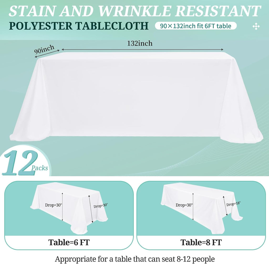 12 Pack White Tablecloths for 8ft Rectangle Tables 90 x 132 Inch - Polyester Table Cover Stain and Wrinkle Resistant Washable Fabric Table Clothes for Wedding Party Banquet Reception Restaurant